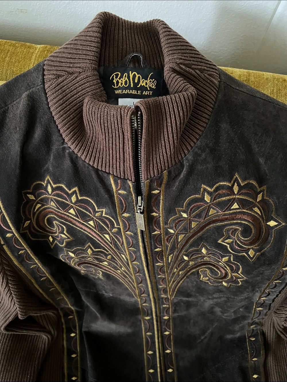 Bob Mackie Brown Suede Bomber Jacket with Brown Knit Sleeves and Gold Embroidery